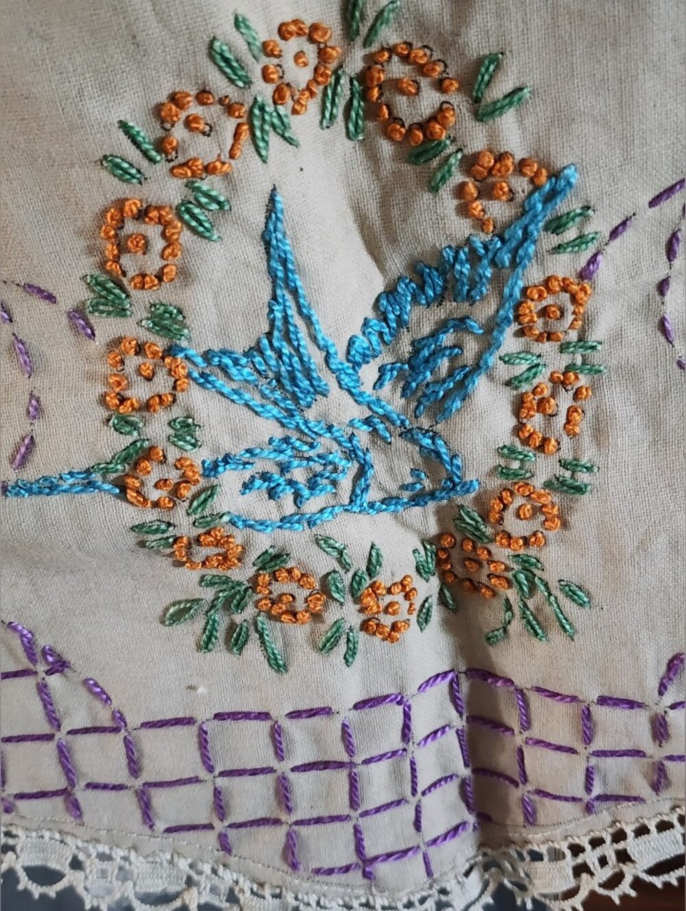 Vintage Embroidered Cream Linen Table Runner with Blue Bird & Floral Motif